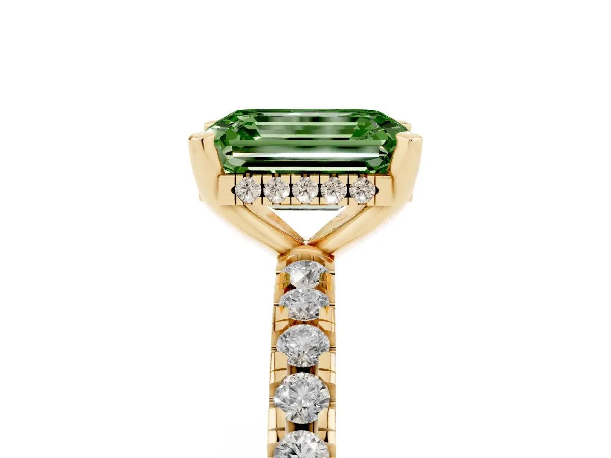 Fancy Green Emerald Cut Diamond Solitaire Ring with Round Pavé Band and Four-Prong Setting Yellow gold