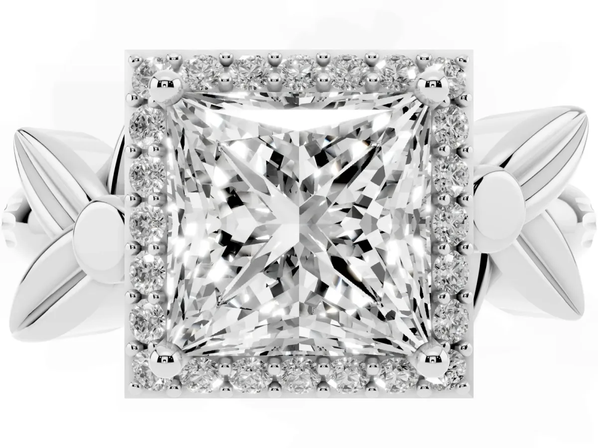 Princess Cut Halo Diamond Floral Band with Four-Prong Setting Platinum