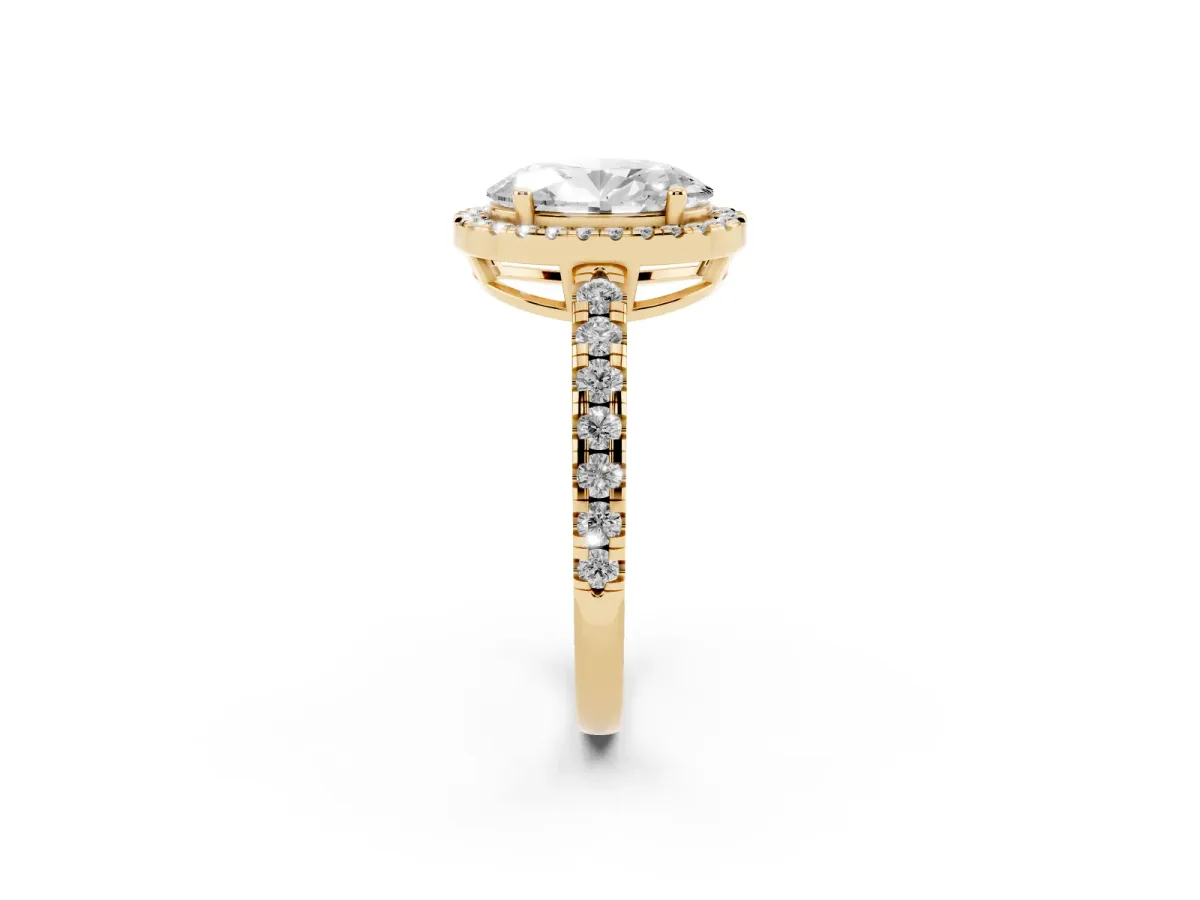 Oval Cut Diamond Halo Ring with Pavé Band and Four-Prong Setting Yellow gold