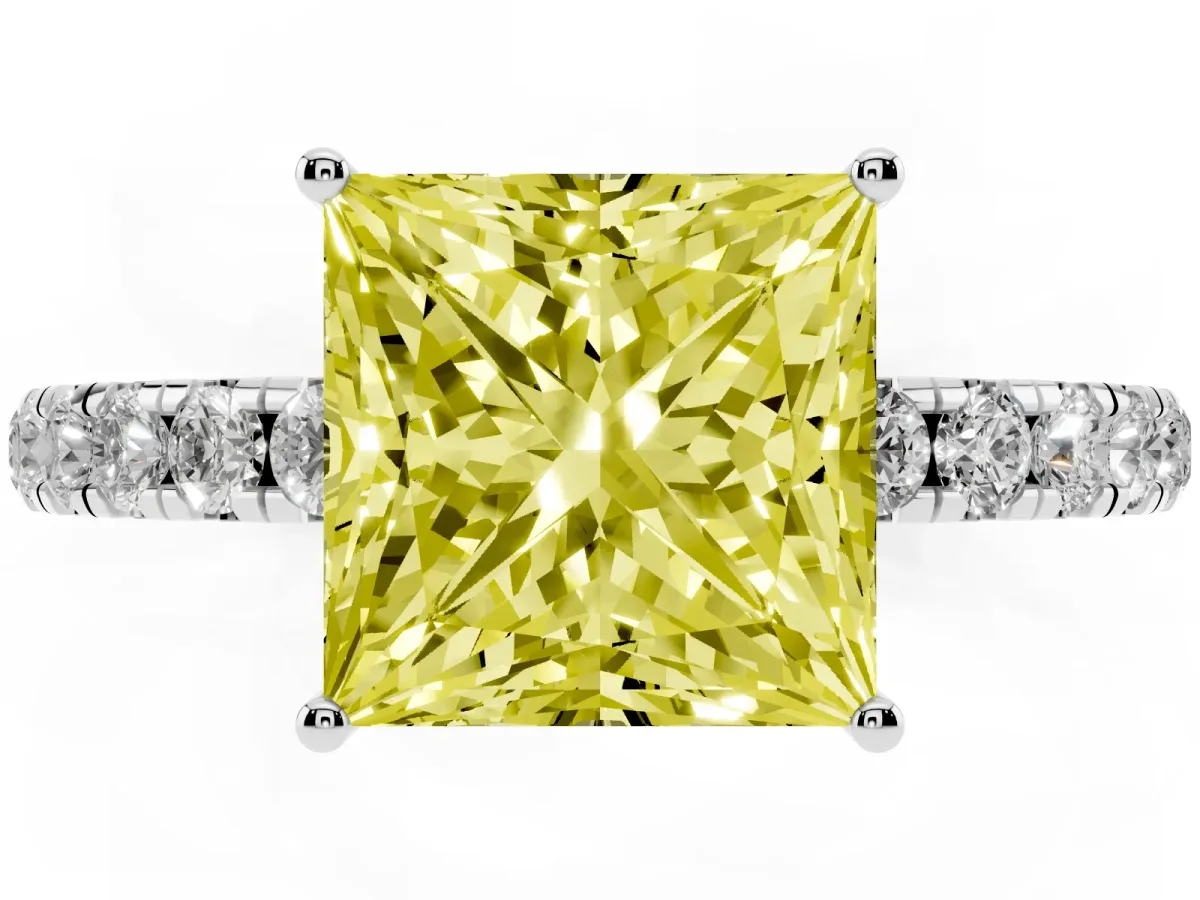 Fancy Yellow Princess Cut Diamond Pavé Solitaire Engagement Ring with Four-Prong Setting Silver