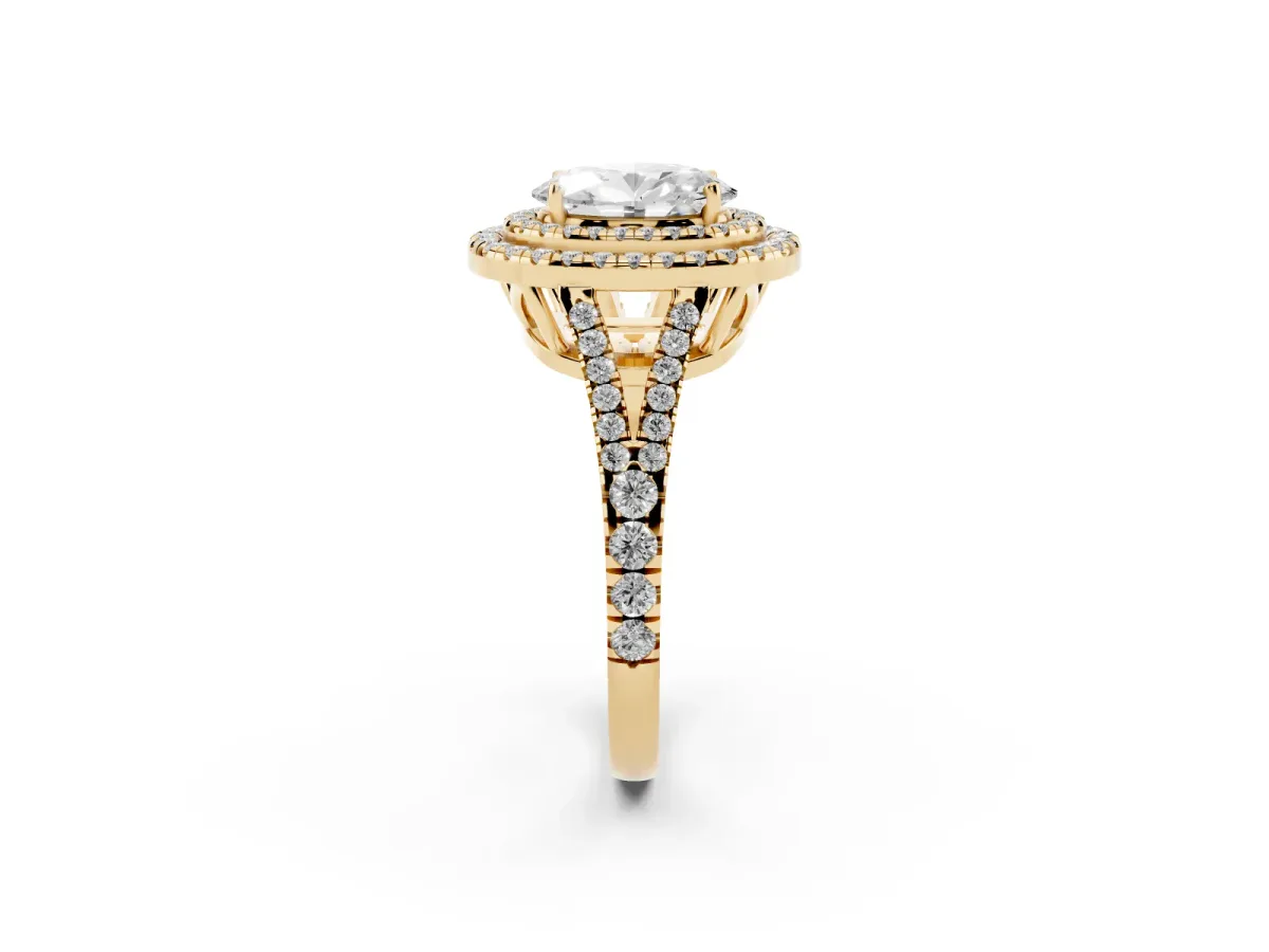 Oval Cut Diamond Double Halo Ring with Pavé Band and Prong Setting Yellow gold