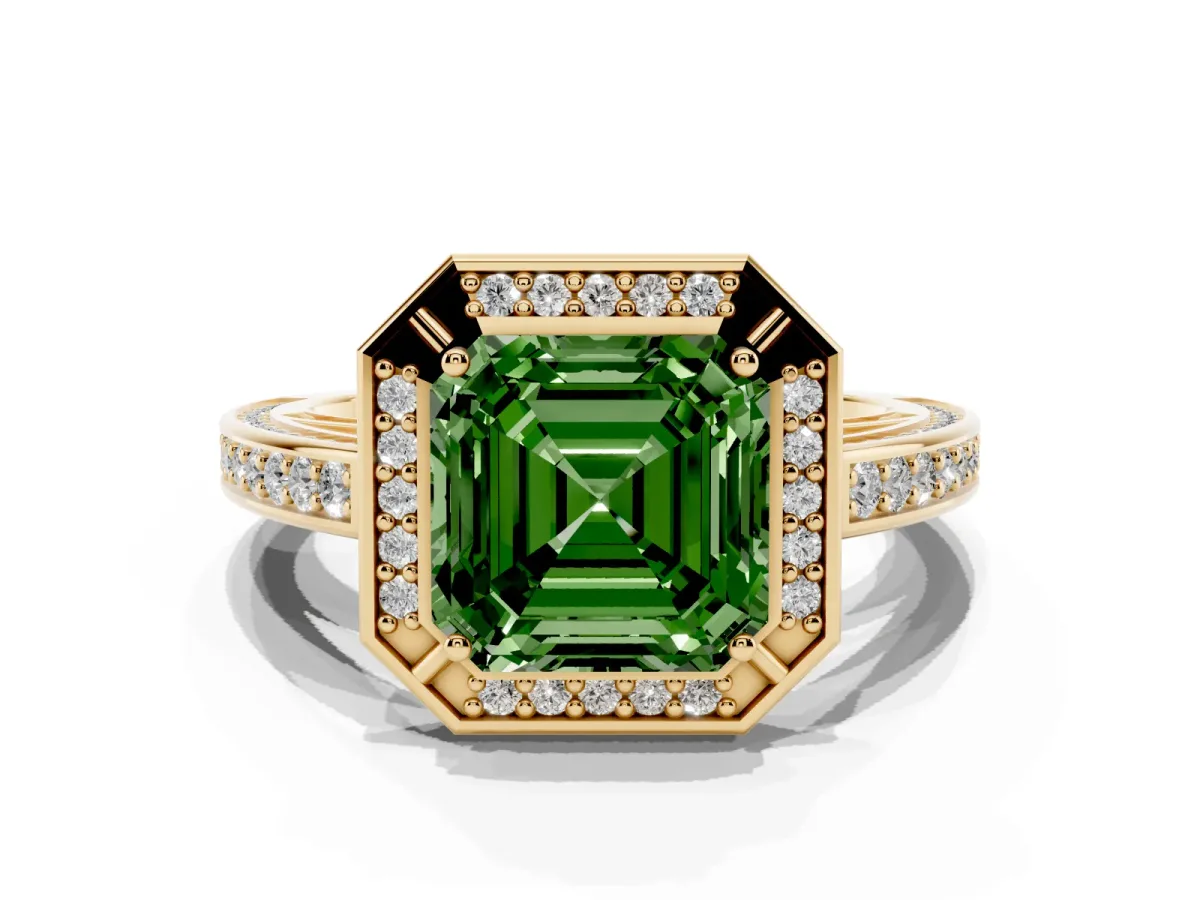 Fancy Green Asscher Cut Cut Halo Pave Split Shank Prong Setting Ring Yellow gold