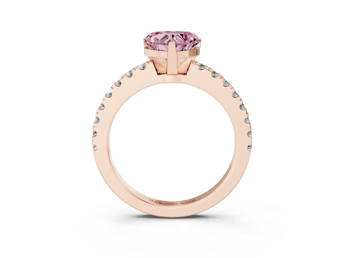Fancy Pink Heart Cut Solitaire Diamond with Pavé Band and Four-Prong Setting Rose gold