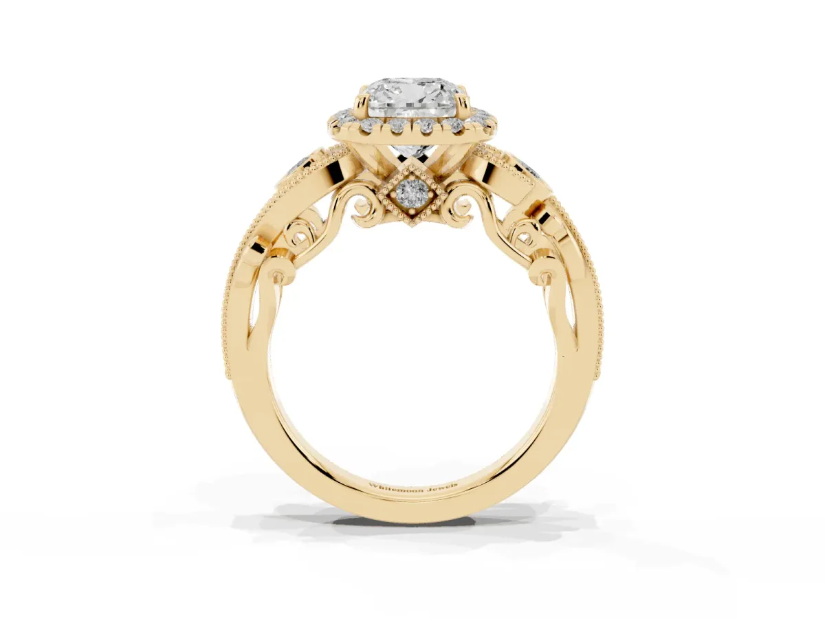 Cushion Cut Halo Diamond Ring with Milgrain and Bezel Accents on a Split Shank Band Yellow gold