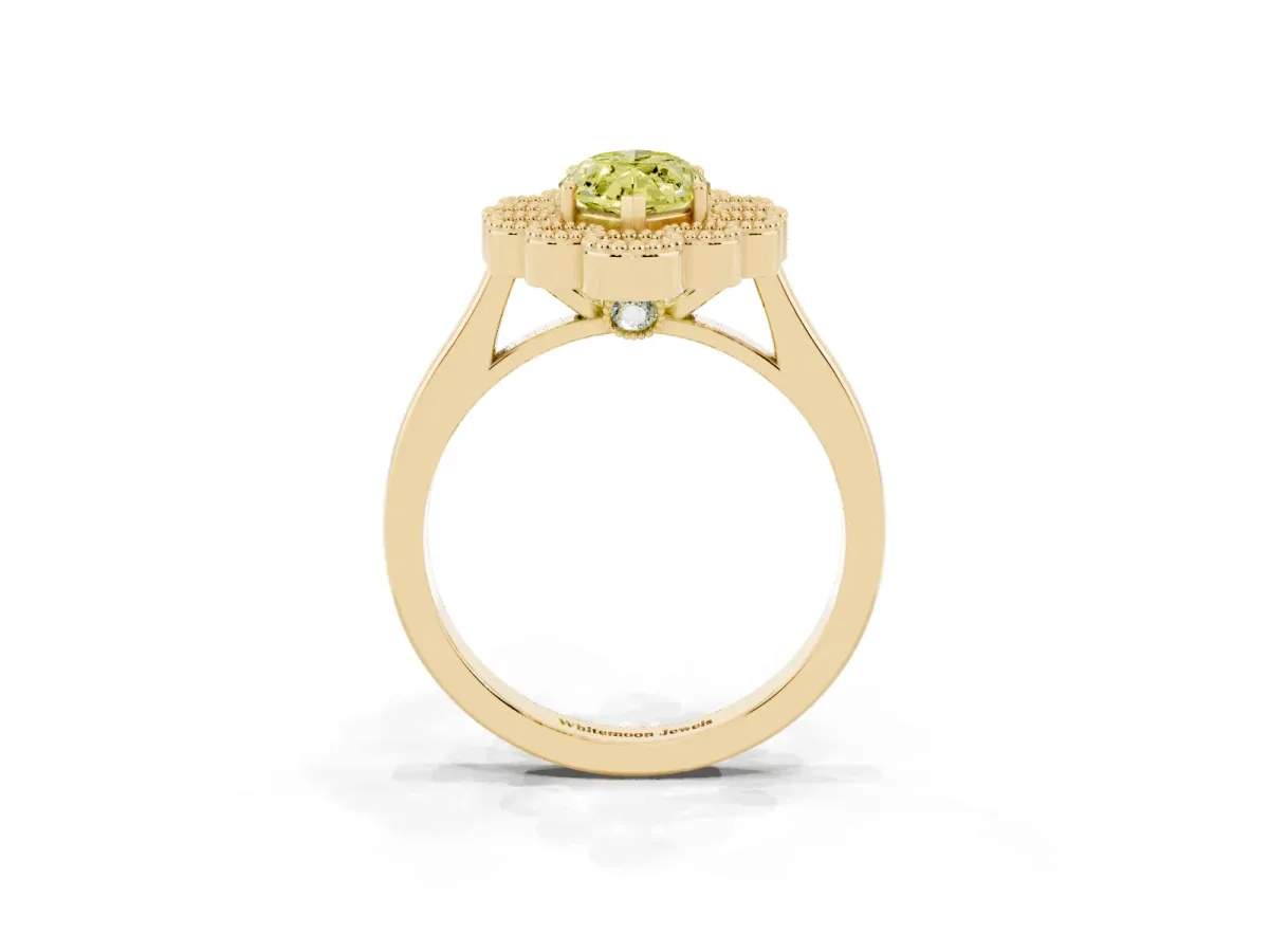 Fancy Yellow Marquise Cut Halo Diamond Cluster Engagement Ring with Milgrain Bezel Setting and Solitaire Band Yellow gold
