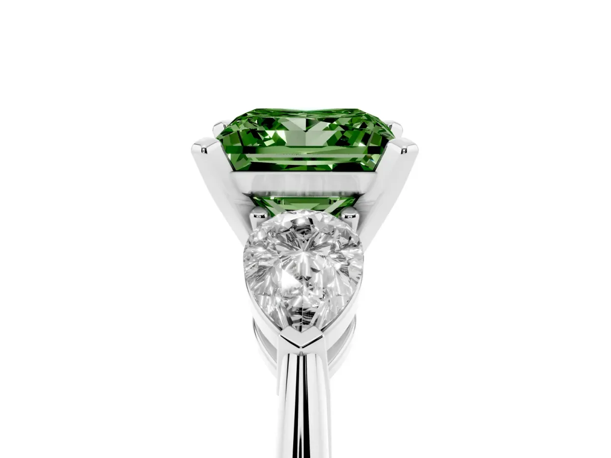 Fancy Green Three-Stone Princess Cut Diamond Ring with Pear Side Stones and Four-Prong Setting Silver