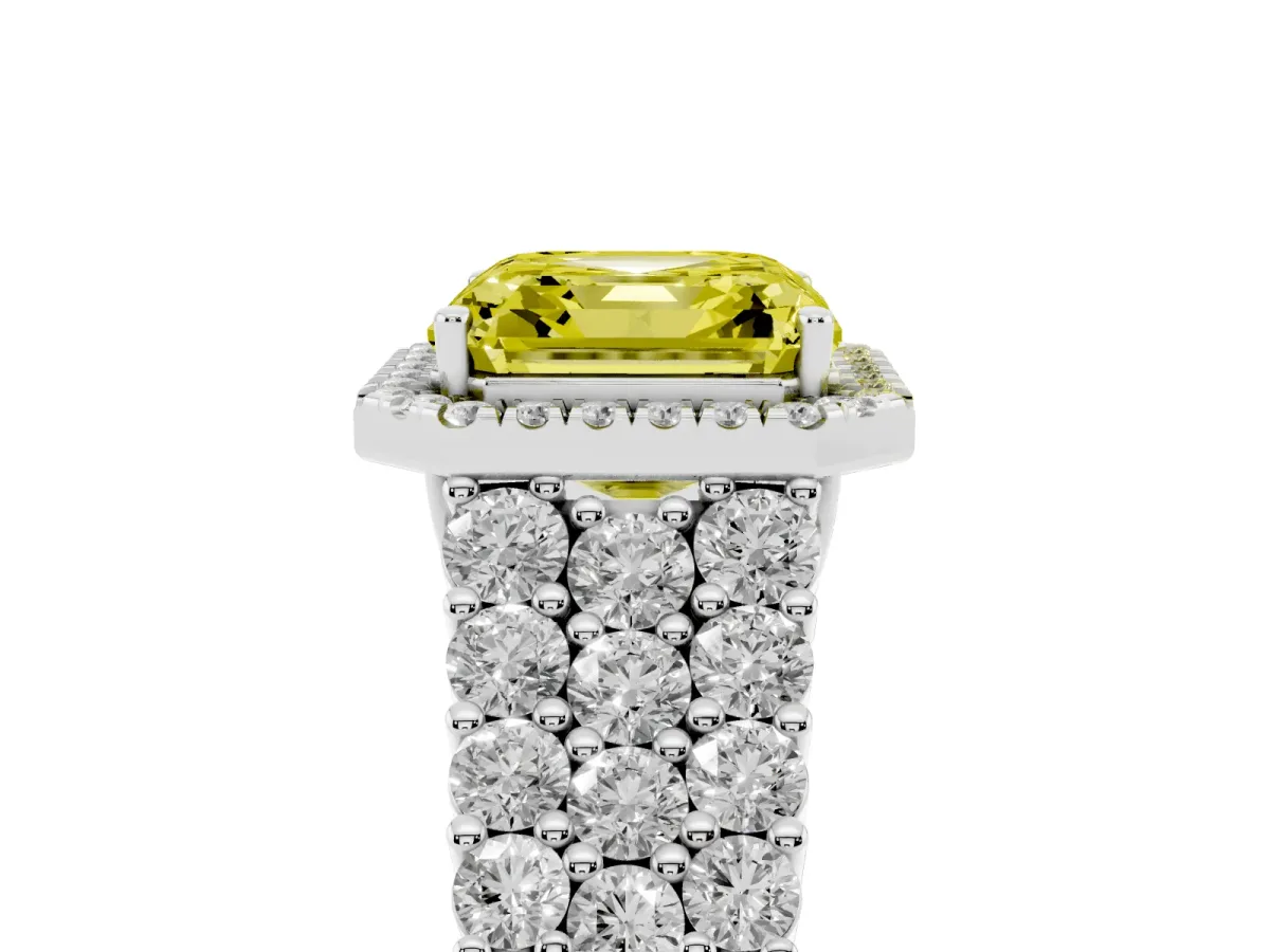 Fancy Yellow Asscher Cut Diamond Halo Engagement Ring with Triple Row Round Pavé Band and Prong Setting White gold