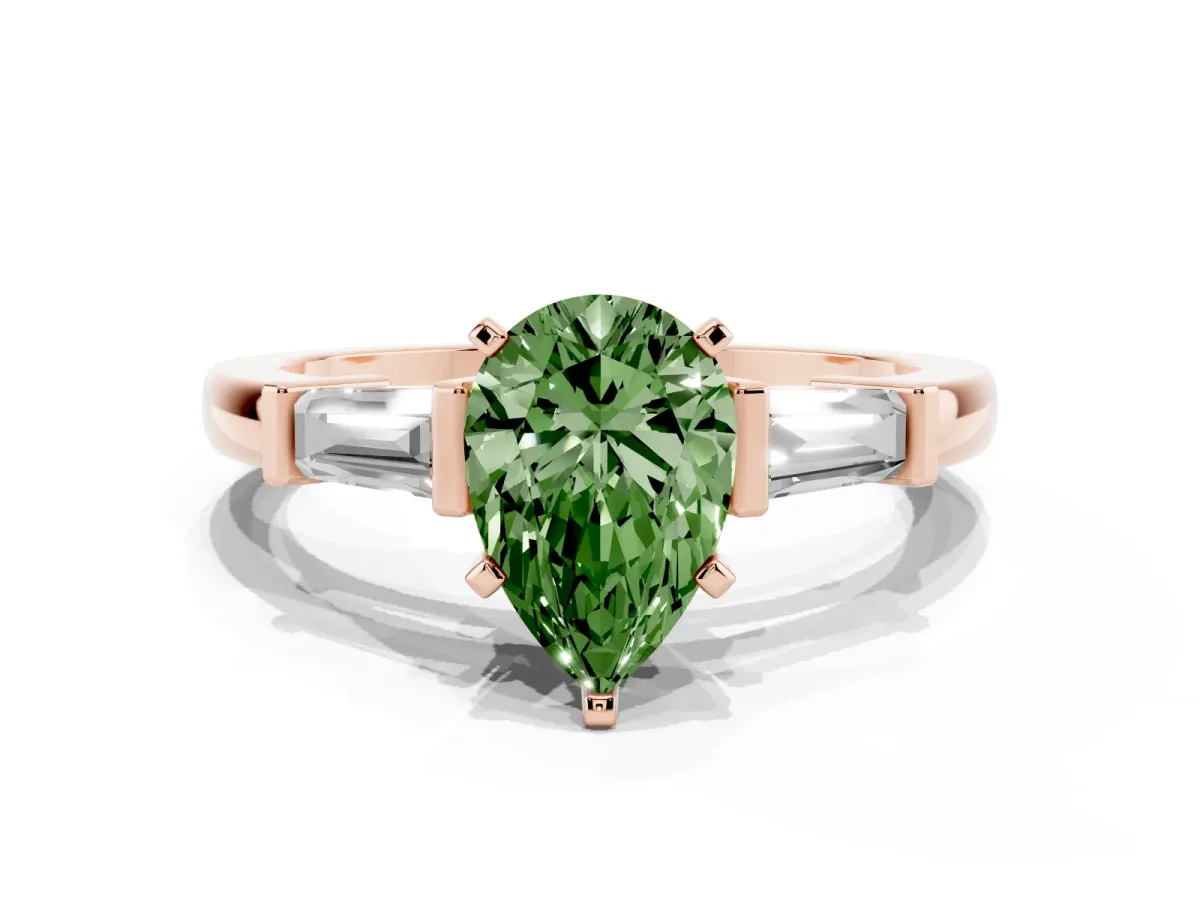 Fancy Green Pear Cut Cut Diamond Solitaire Ring with Tapered Baguette Accents and Four-Prong Setting Rose gold