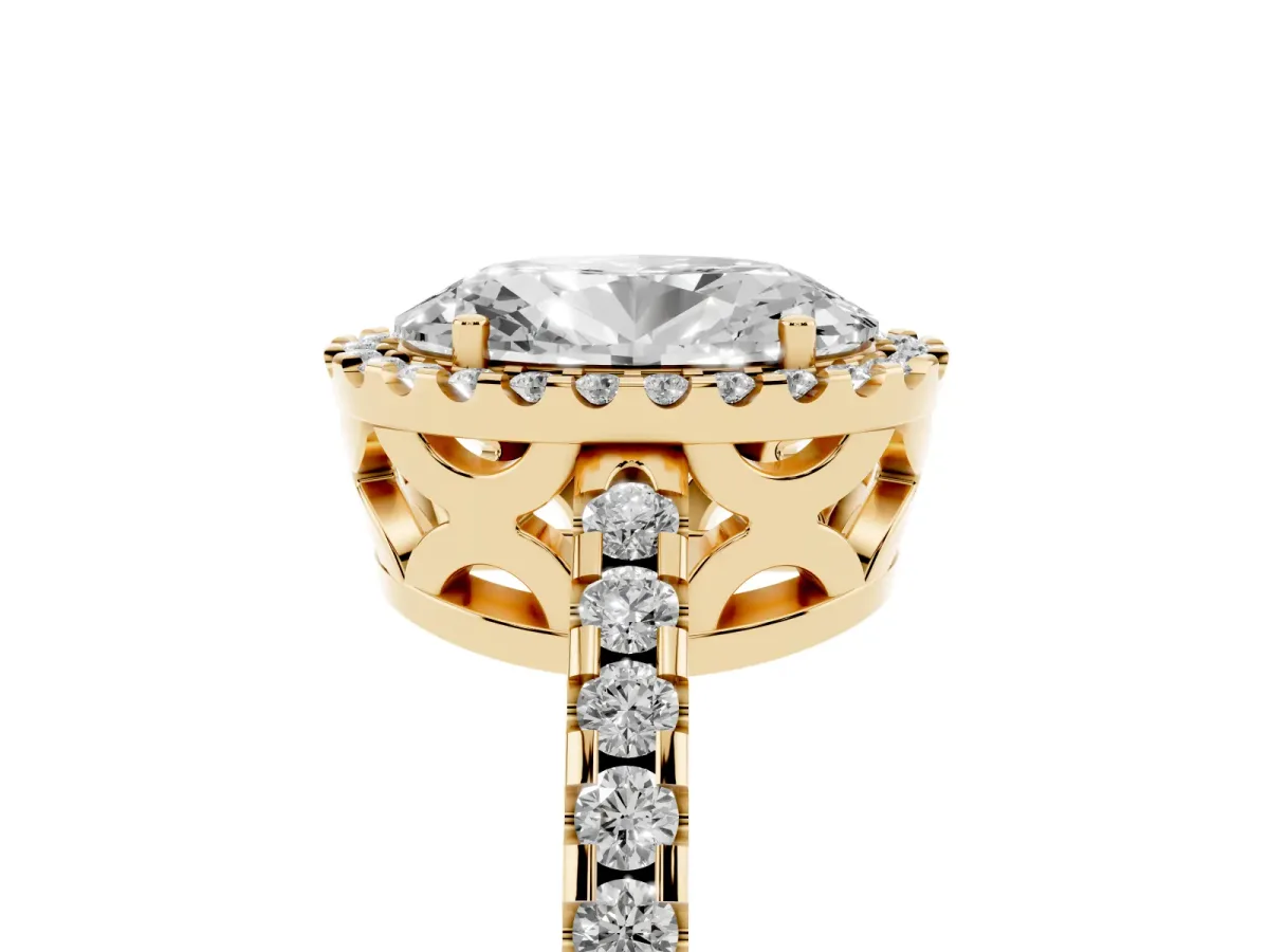 Oval Cut Diamond Halo Engagement Ring with Pavé Band and Prong Setting Yellow gold
