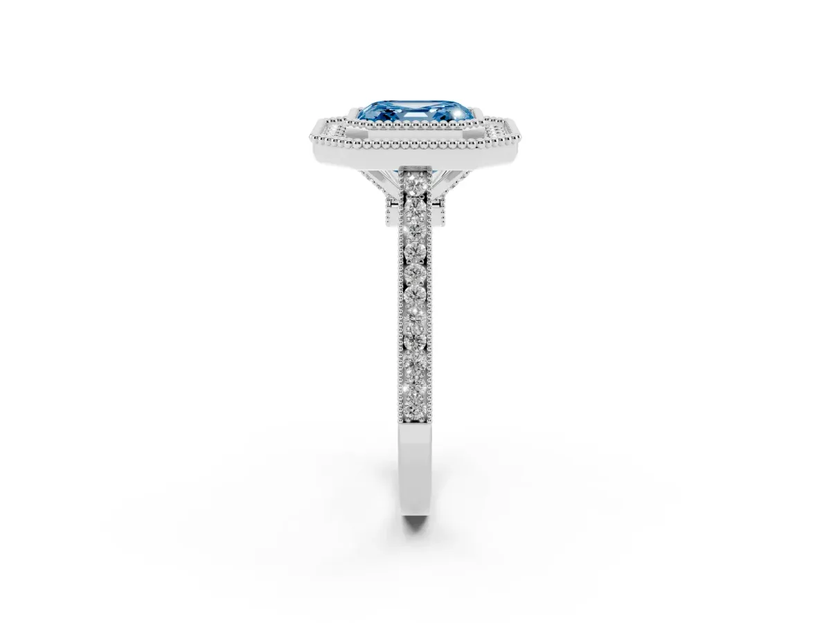 Fancy Blue Asscher Cut Diamond Halo Ring with Milgrain Frame and Pavé Band Platinum