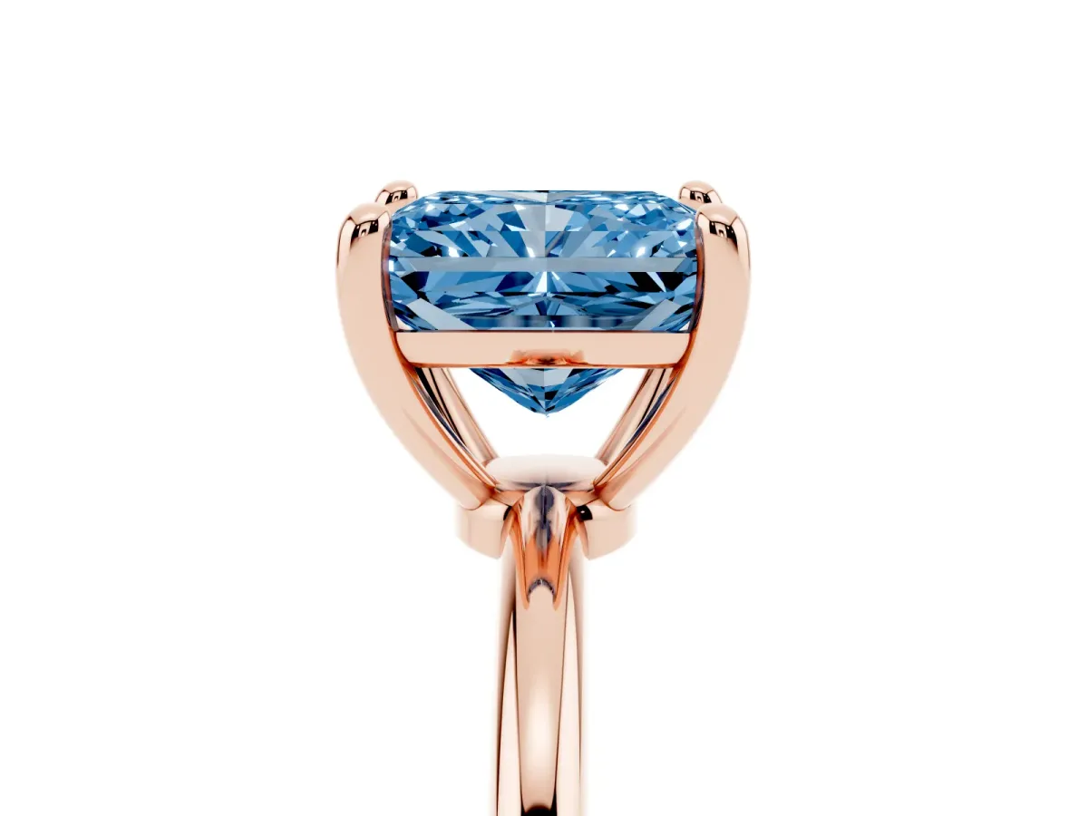 Fancy Blue Radiant Cut Solitaire Diamond Ring with 4-Prong Setting on a Classic Band Rose gold