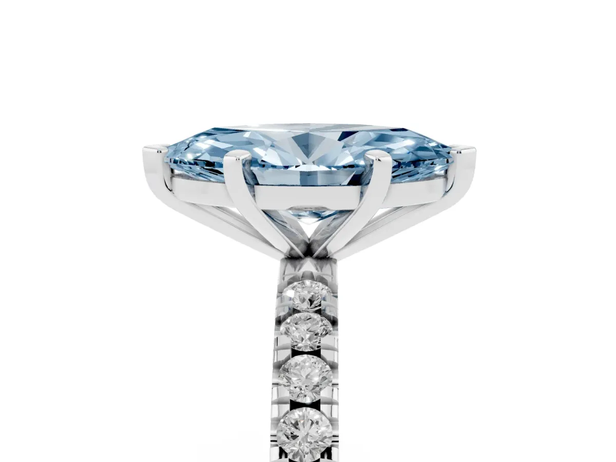 Fancy Blue Marquise Cut Diamond Pavé Band Solitaire with Four-Prong Setting Silver