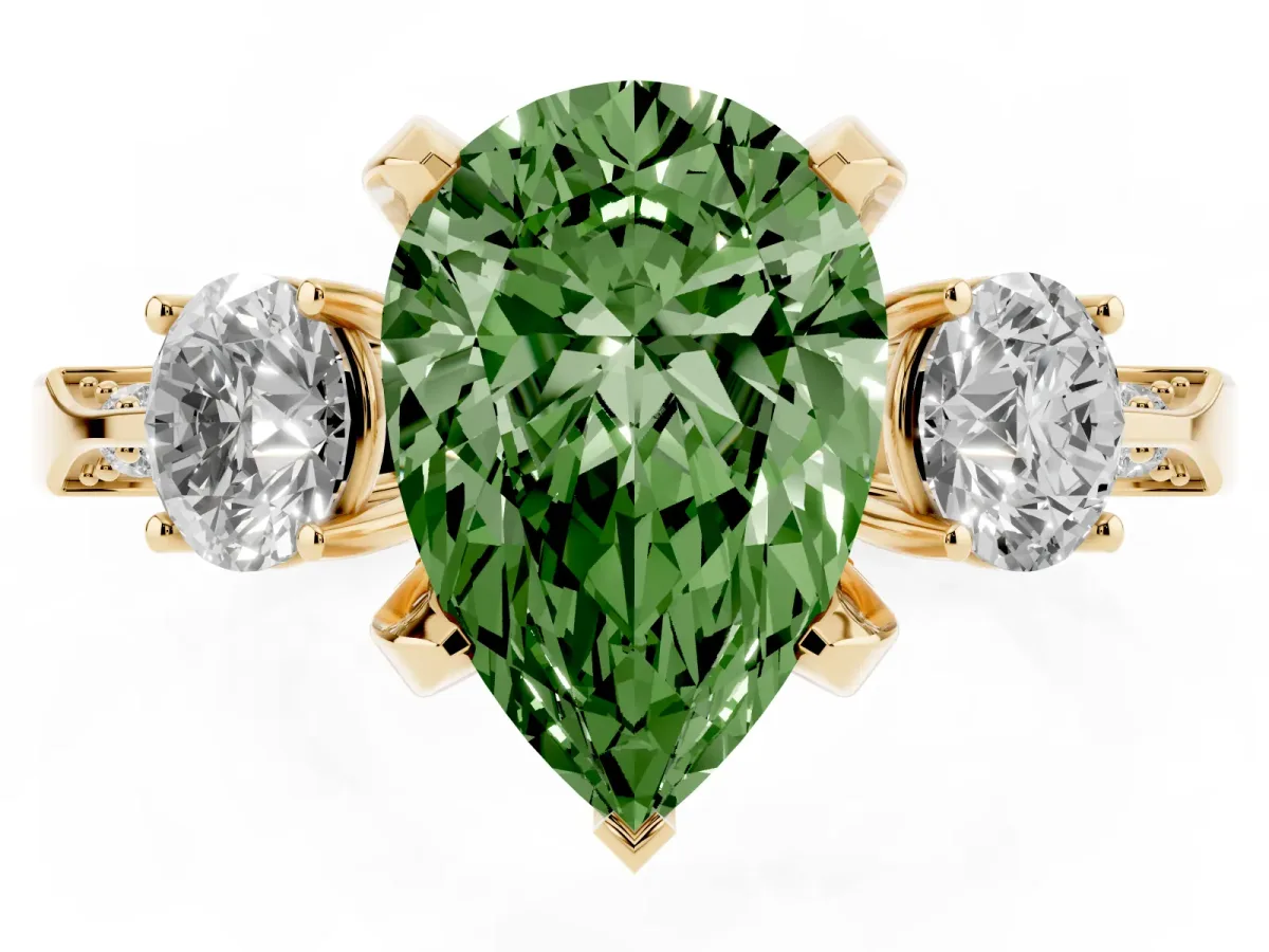Fancy Green Pear Cut Brilliant Three-Stone Diamond Ring with Pavé Band and Four-Prong Setting Yellow gold