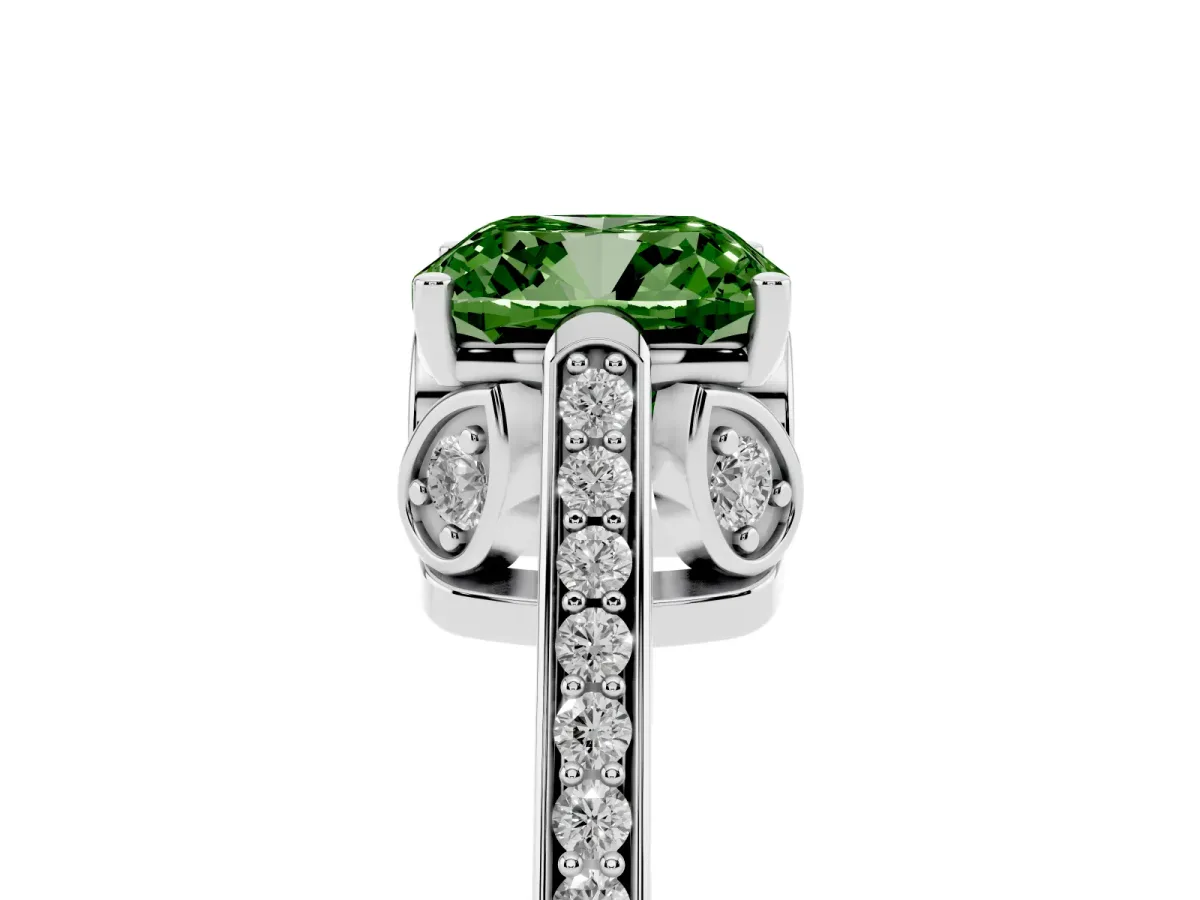 Fancy Green Cushion Cut Cut Cathedral Pave Diamond Engagement Ring with Six-Prong Setting Silver