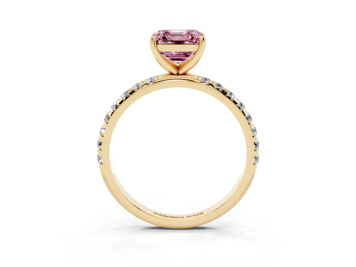 Fancy Pink Asscher Cut Cut Diamond Solitaire Ring with Micro Pave Band and Four Prong Setting Yellow gold