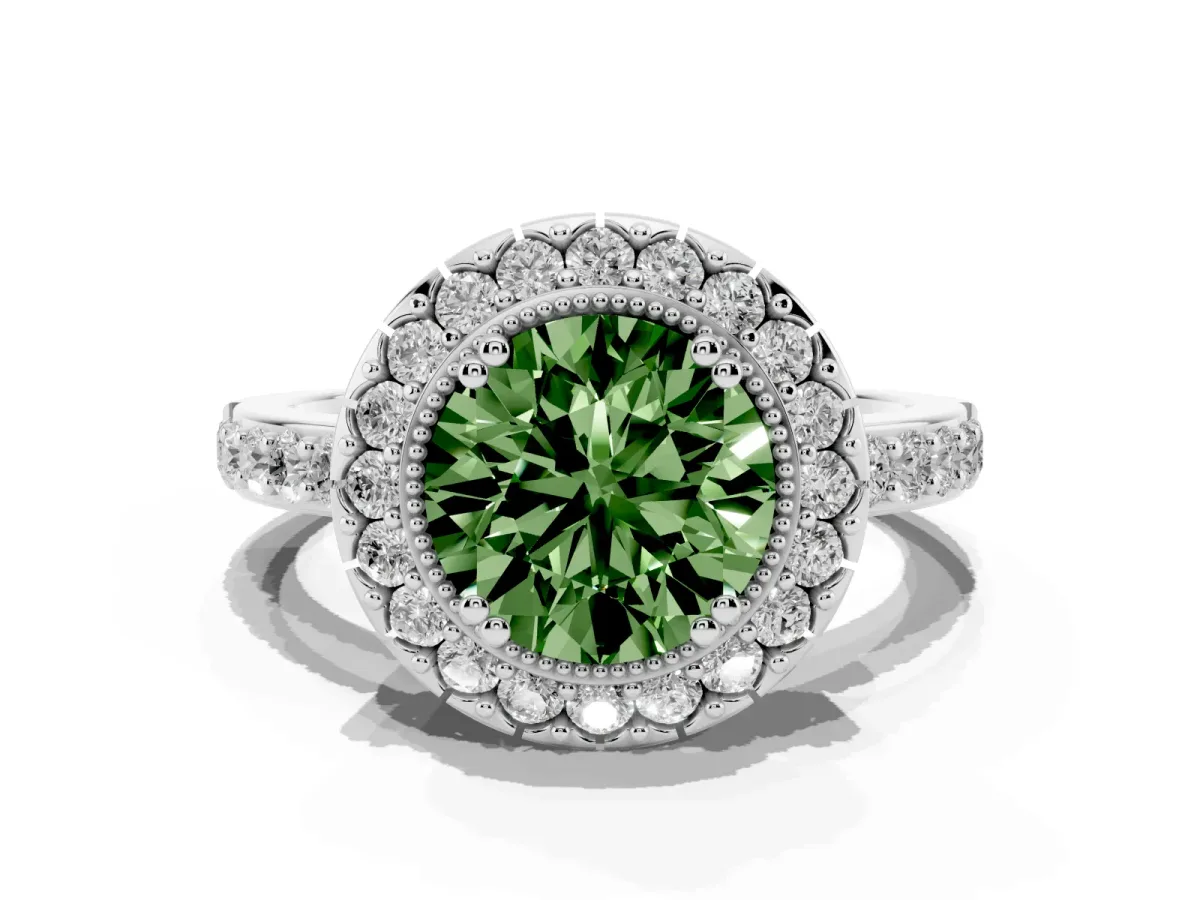 Fancy Green Round Cut Diamond Halo Ring with Pavé Band and Prong Setting Platinum