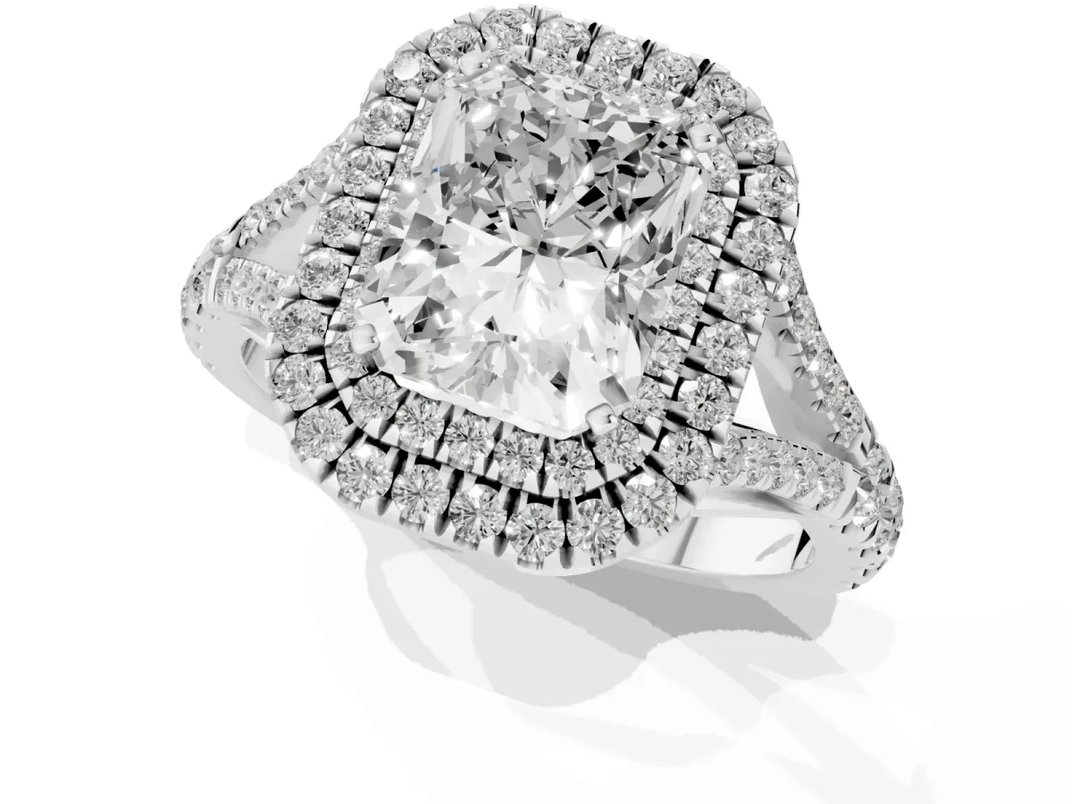 Radiant Cut Diamond Pavé Split Shank Double Halo Engagement Ring Silver
