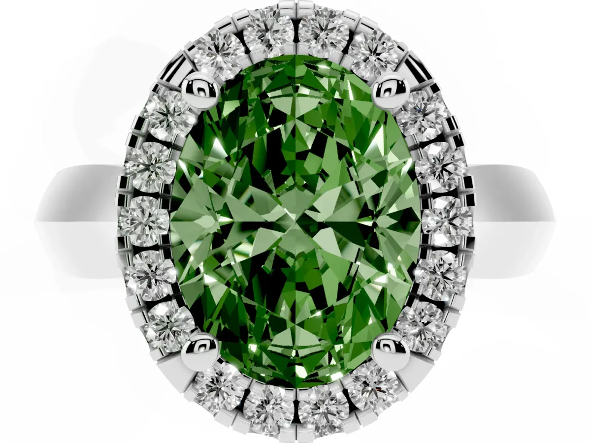 Fancy Green Oval Cut Cut Halo Solitaire Engagement Ring with Square Band and Four-Prong Setting Platinum