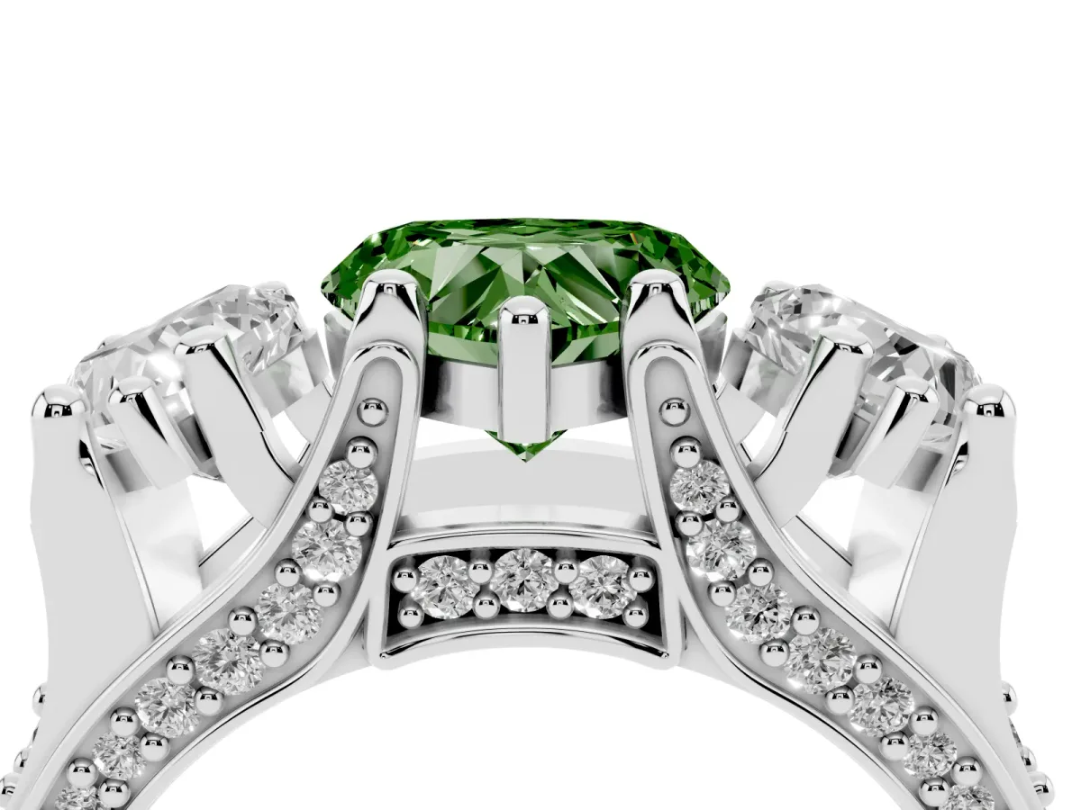 Fancy Green Heart Cut Diamond Three-Stone Ring with Channel Set Band and Four-Prong Setting Silver