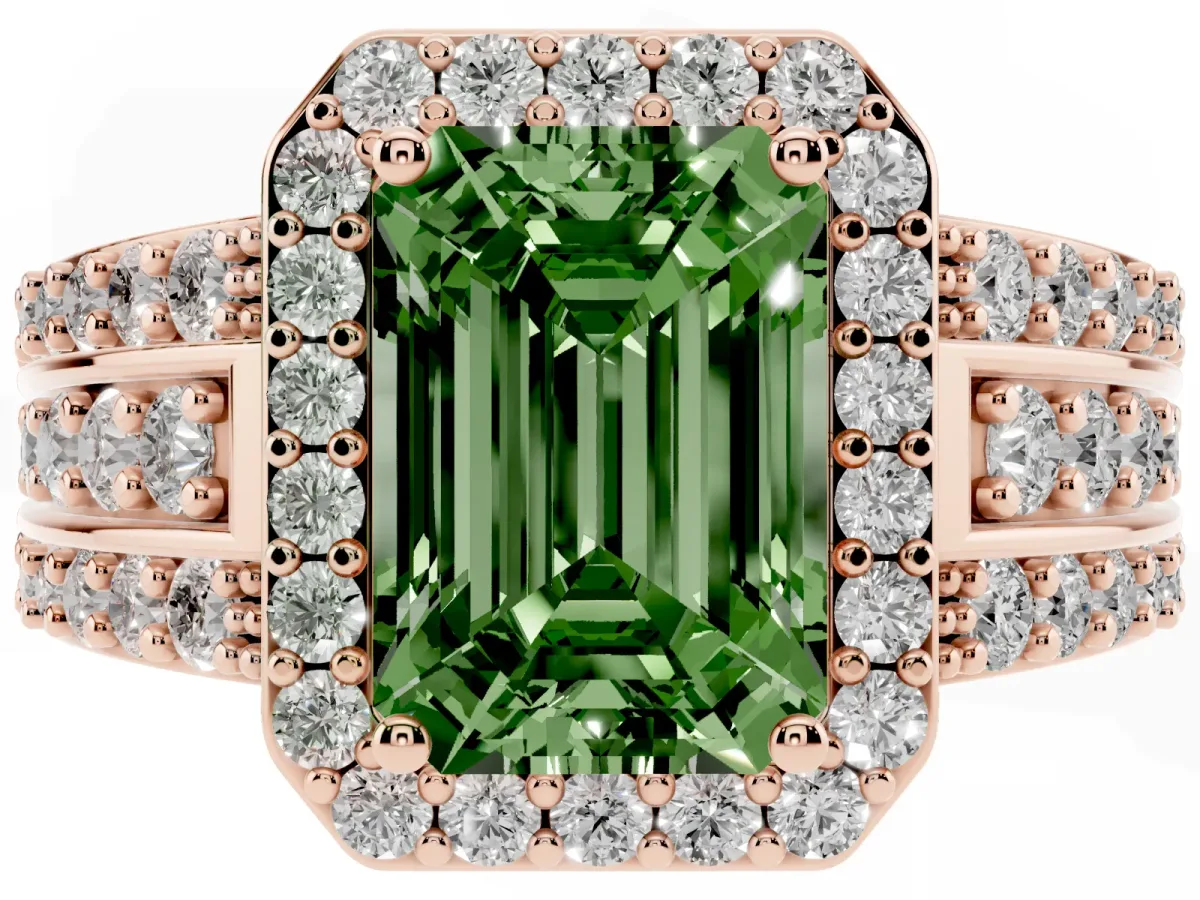 Fancy Green Emerald Cut Halo Diamond Ring with Round Split Shank and Prong Setting Rose gold