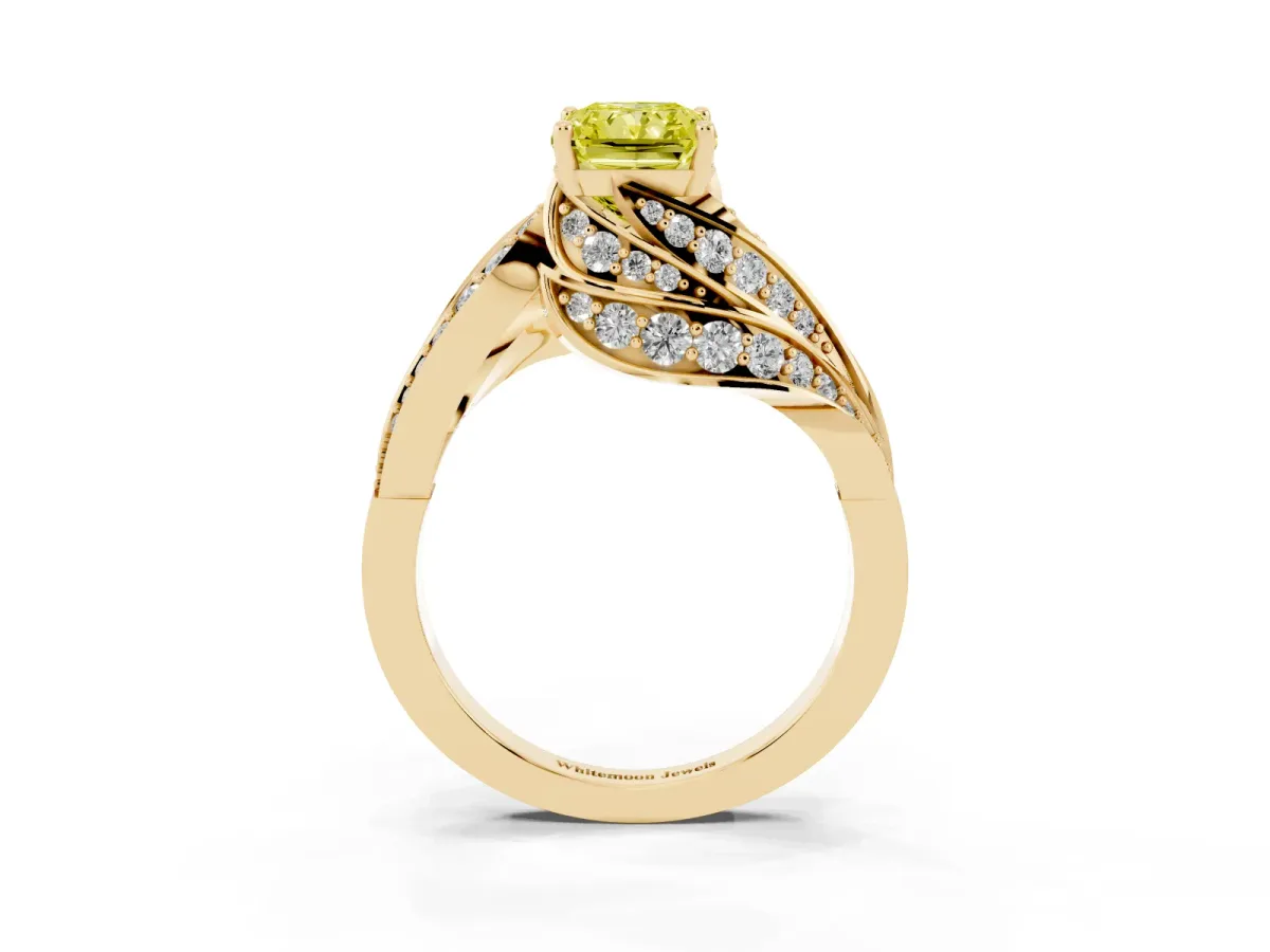 Fancy Yellow Radiant Cut Diamond Solitaire Ring with Prong Setting and Twisted Pavé Band Yellow gold