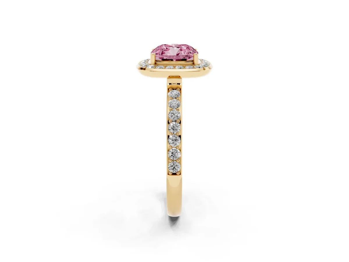 Fancy Pink Cushion Cut Diamond Halo Ring with Bezel Frame and Pavé Band Yellow gold