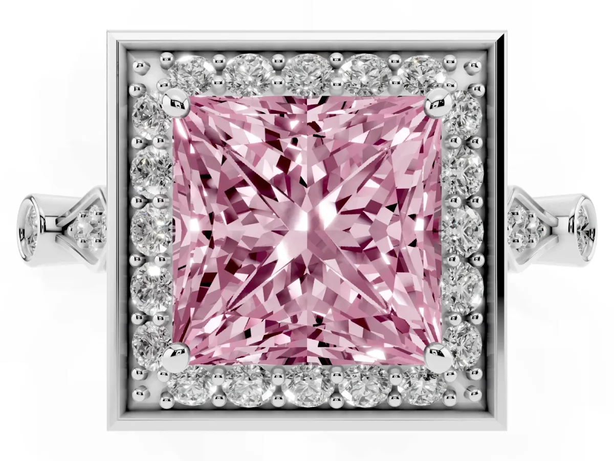 Fancy Pink Princess Cut Halo Diamond Engagement Ring with Twisted Band and Four-Prong Setting Platinum