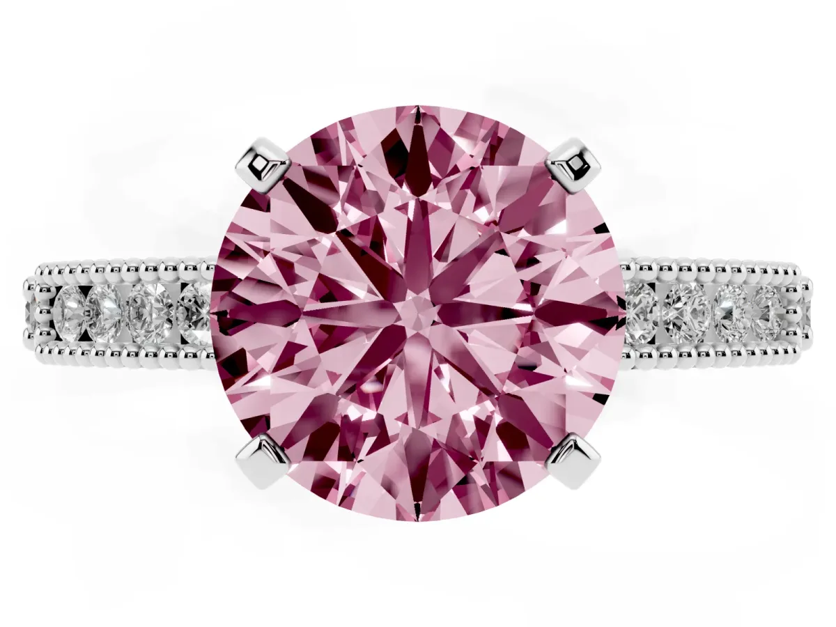 Fancy Pink Round Cut Solitaire with Pavé Band and Four-Prong Setting Silver