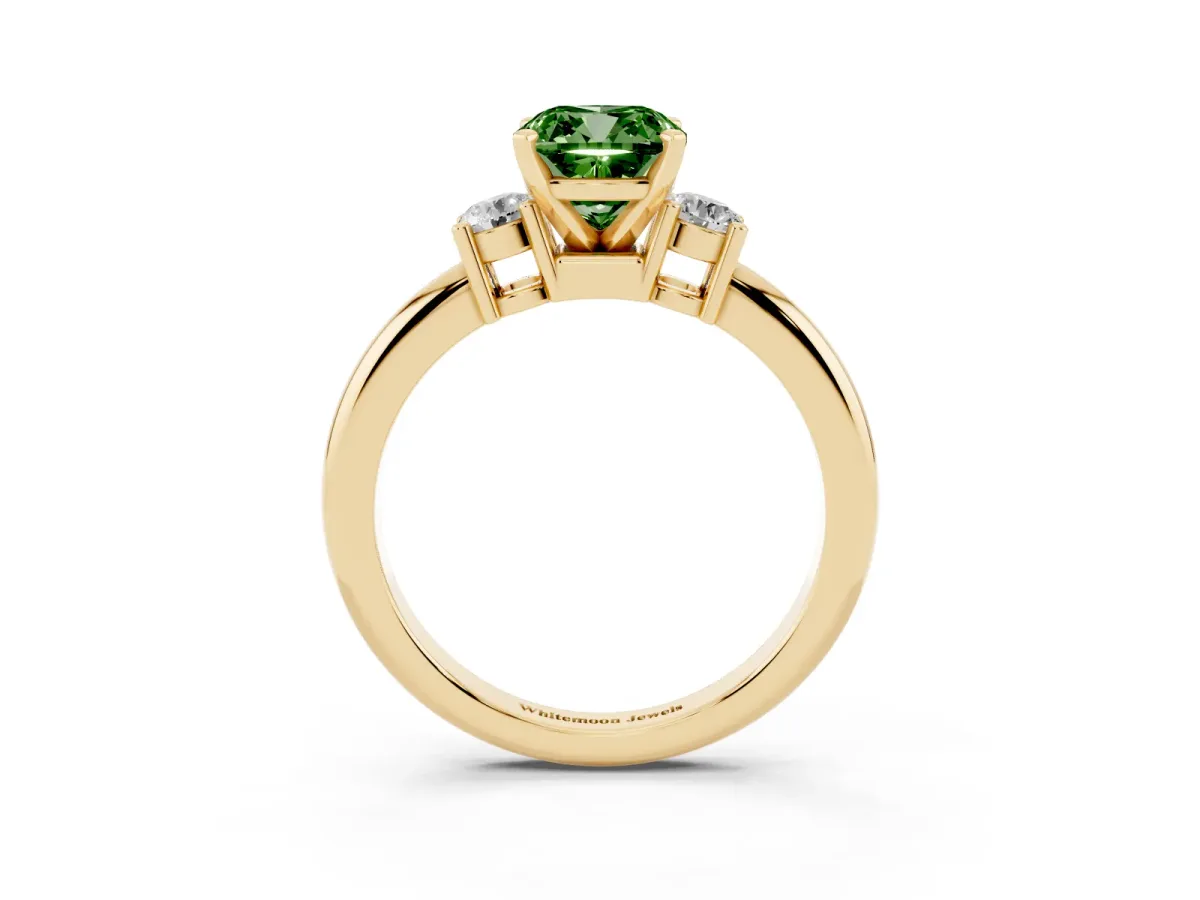 Fancy Green Three-Stone Cushion Cut Cut Diamond Solitaire with Prong Setting and Classic Band Yellow gold