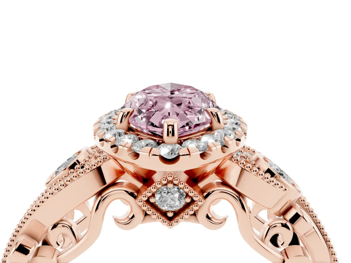 Fancy Pink Marquise Cut Diamond Halo Ring with Milgrain Pavé Band and Four-Prong Setting Rose gold