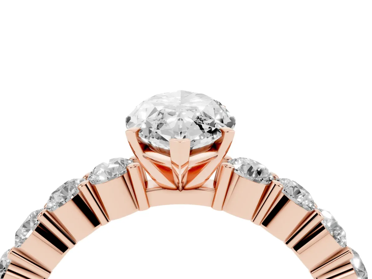 Marquise Cut Diamond Solitaire Ring with Shared Prong Round Side Stones Rose gold