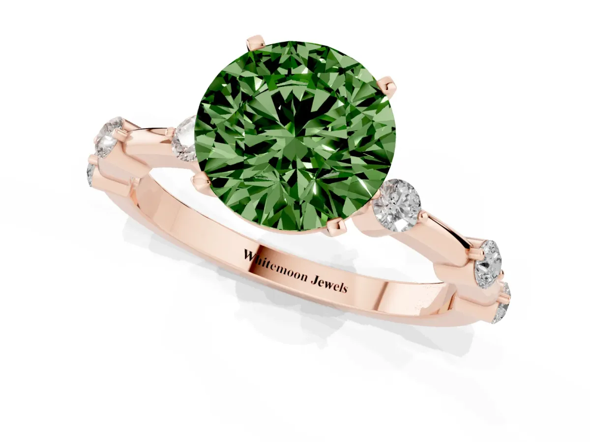 Fancy Green Round Cut Solitaire Diamond Ring with Bezel Set Side Stones and Prong Setting Rose gold