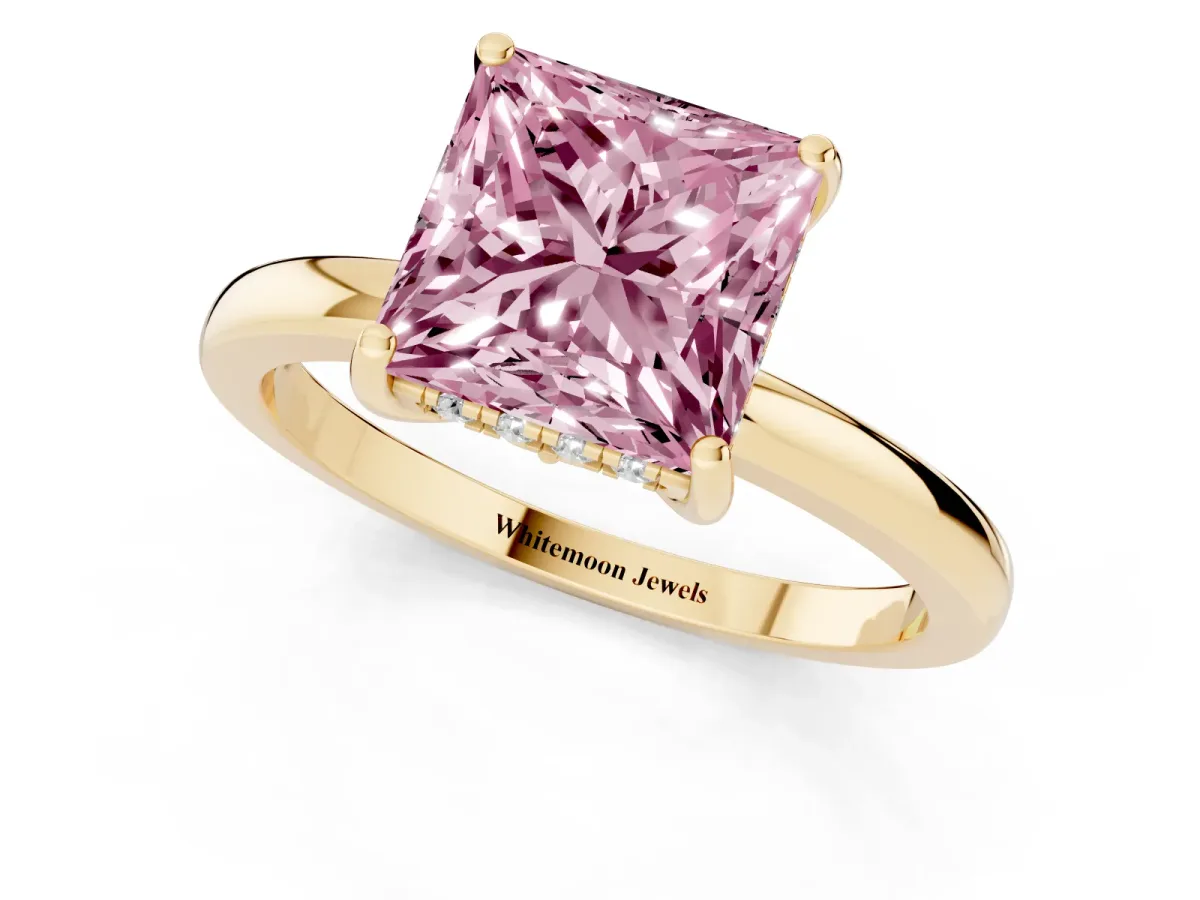 Fancy Pink Princess Cut Solitaire Diamond Ring with Prong Setting and Plain Band Yellow gold