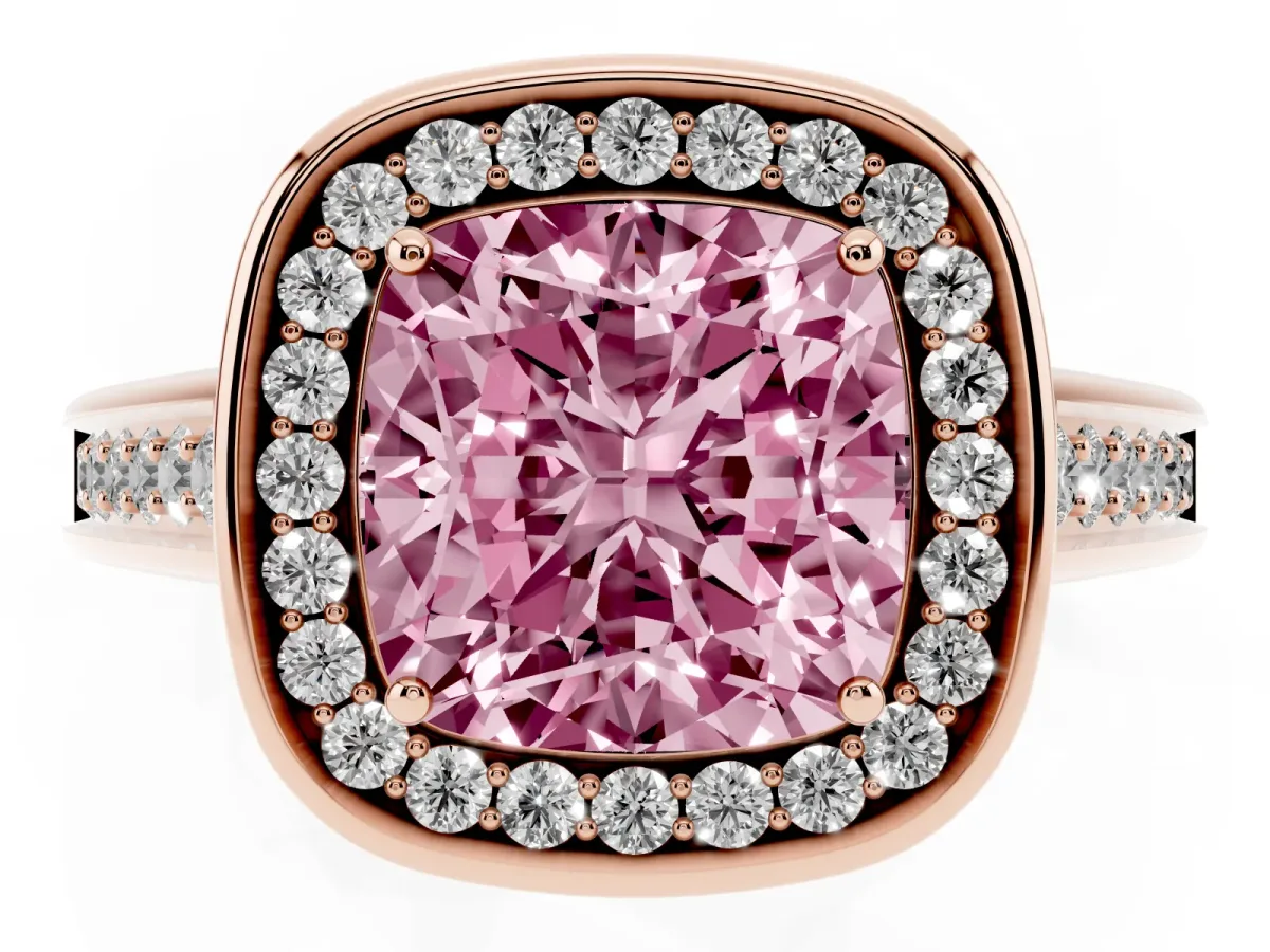 Fancy Pink Cushion Cut Halo Solitaire Diamond Ring with Pave Band and Bezel Setting Rose gold