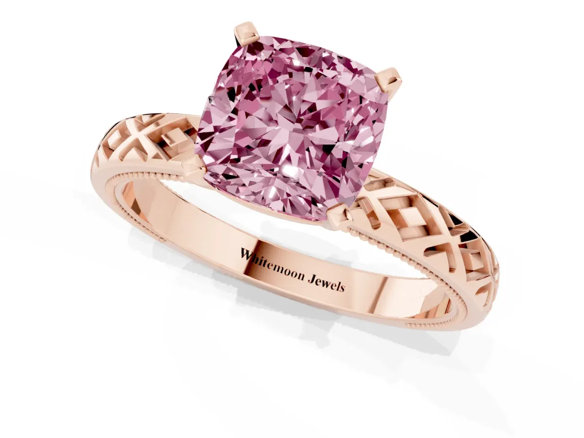 Fancy Pink Cushion Cut Solitaire Diamond Ring with Milgrain and Black Enamel X Pattern Band Rose gold