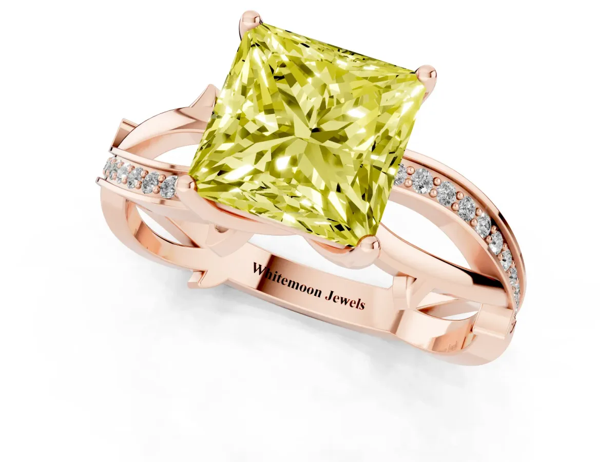 Fancy Yellow Princess Cut Solitaire Twist Band with Pavé Accents and Four-Prong Setting Rose gold