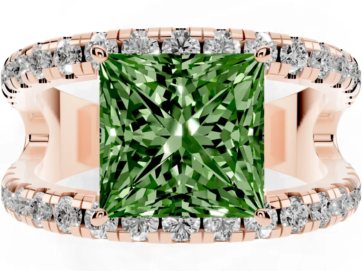 Fancy Green Princess Cut Solitaire Split Shank Pave Diamond Ring Rose gold