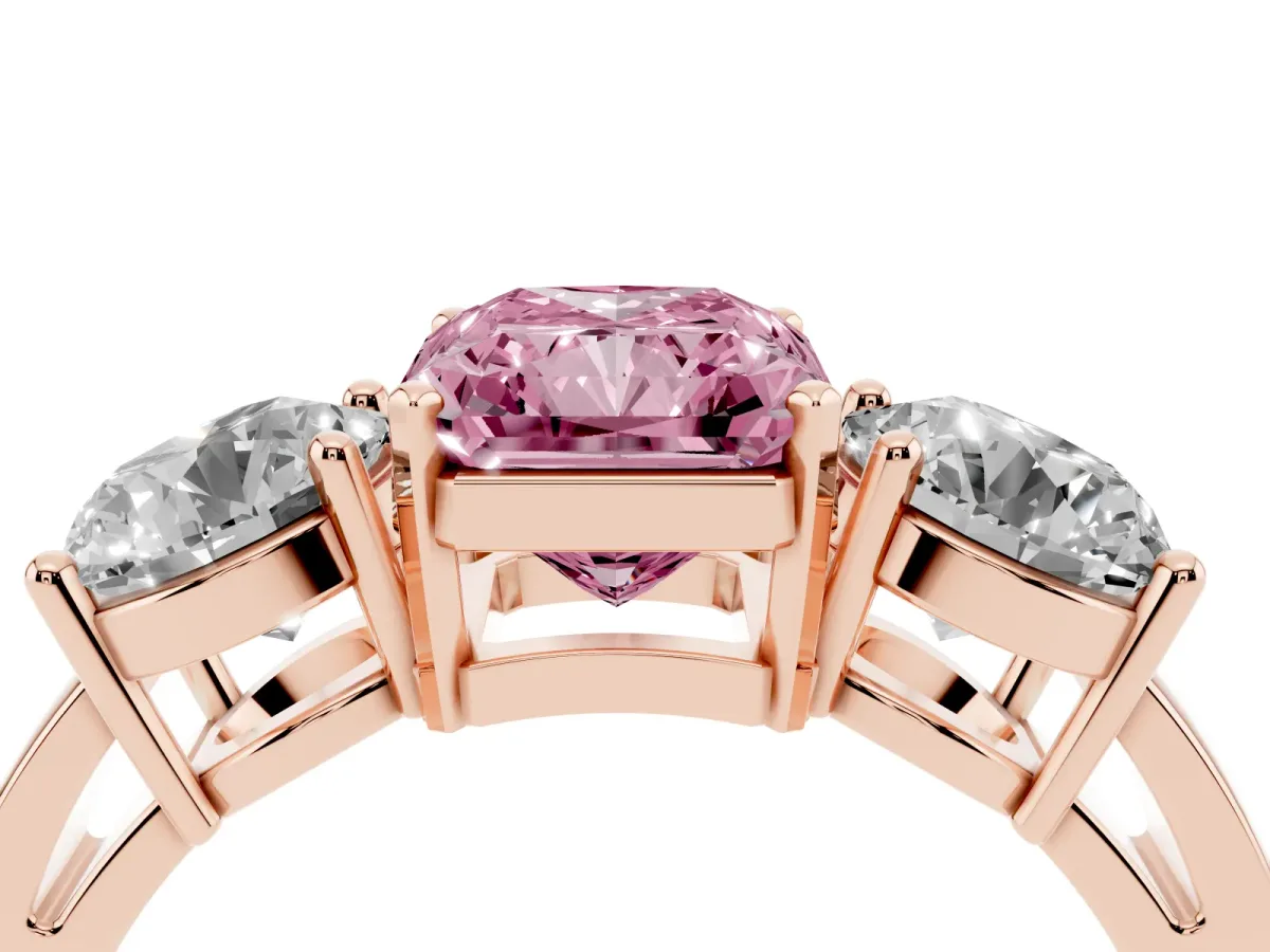 Fancy Pink Three-Stone Radiant Cut Diamond Ring with Round Side Stones, Classic Band, and Four-Prong Setting Rose gold