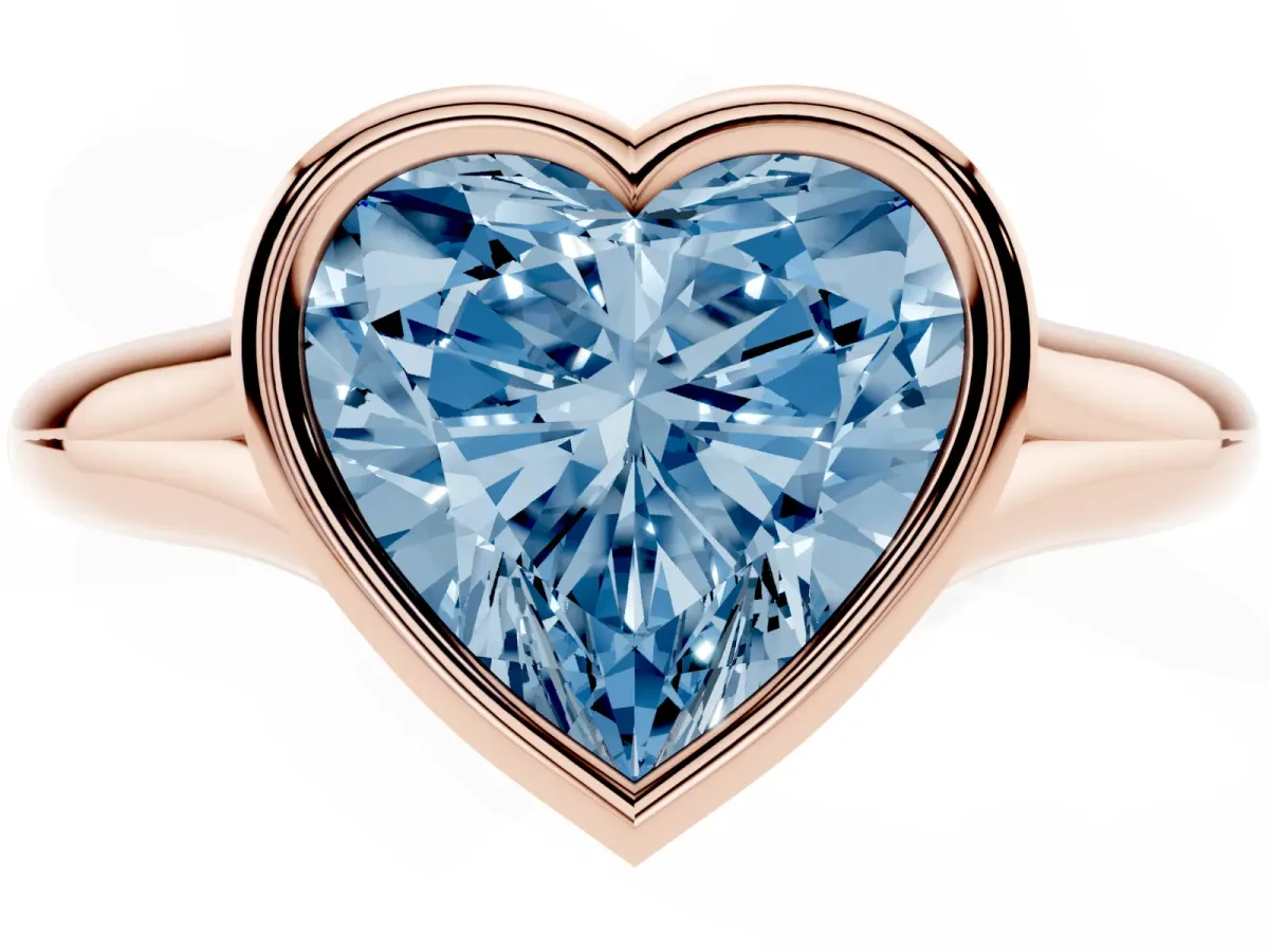 Fancy Blue Bezel Set Heart Cut Solitaire Diamond Ring with Smooth Band Rose gold