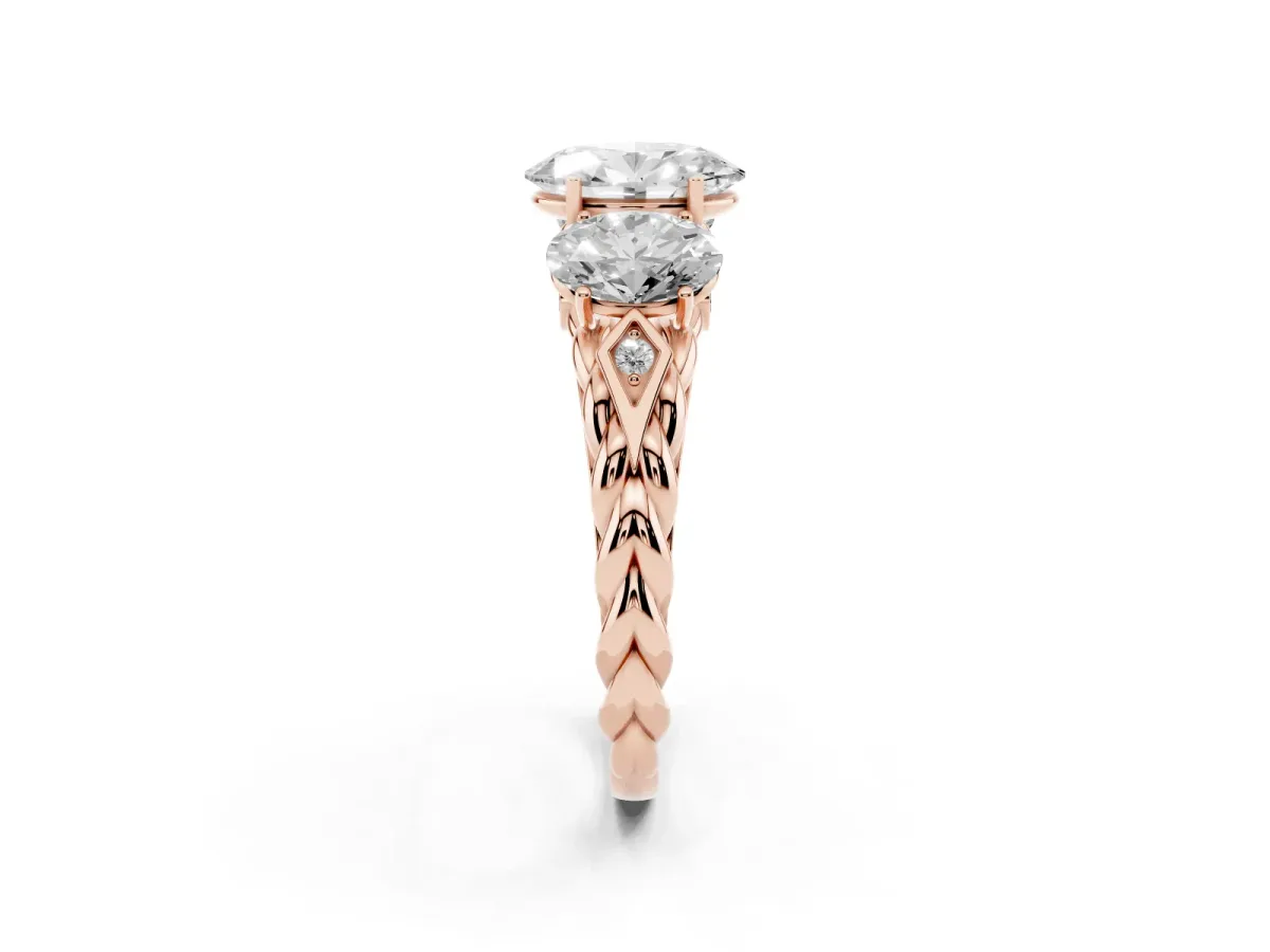 Three-Stone Oval Cut Diamond Braided Band Ring with Four-Prong Setting Rose gold