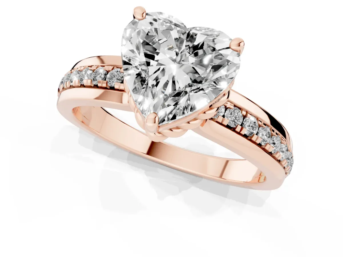 Heart Cut Solitaire Diamond Ring with Channel Set Band and Six-Prong Setting Rose gold