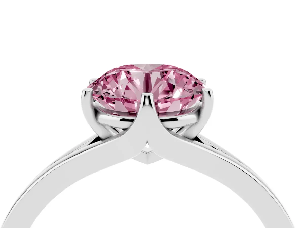 Fancy Pink Round Cut Solitaire Diamond Ring with Six-Prong Setting and Tapered Band Silver