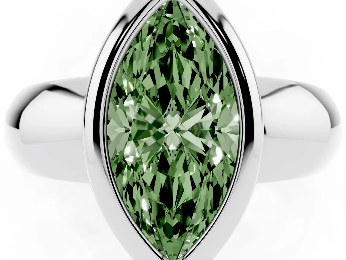 Fancy Green Bezel Set Marquise Cut Solitaire Ring with Wide Band Platinum