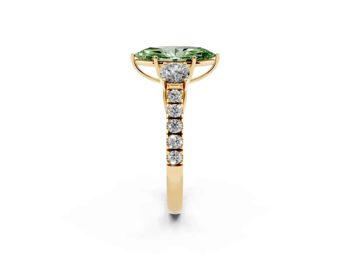 Fancy Green Marquise Cut Cut Diamond Three-Stone Ring with Round Side Stones and Pavé Band Yellow gold