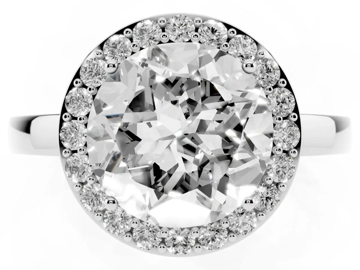 Round Cut Halo Diamond Ring with Solitaire Band and Prong Setting Silver