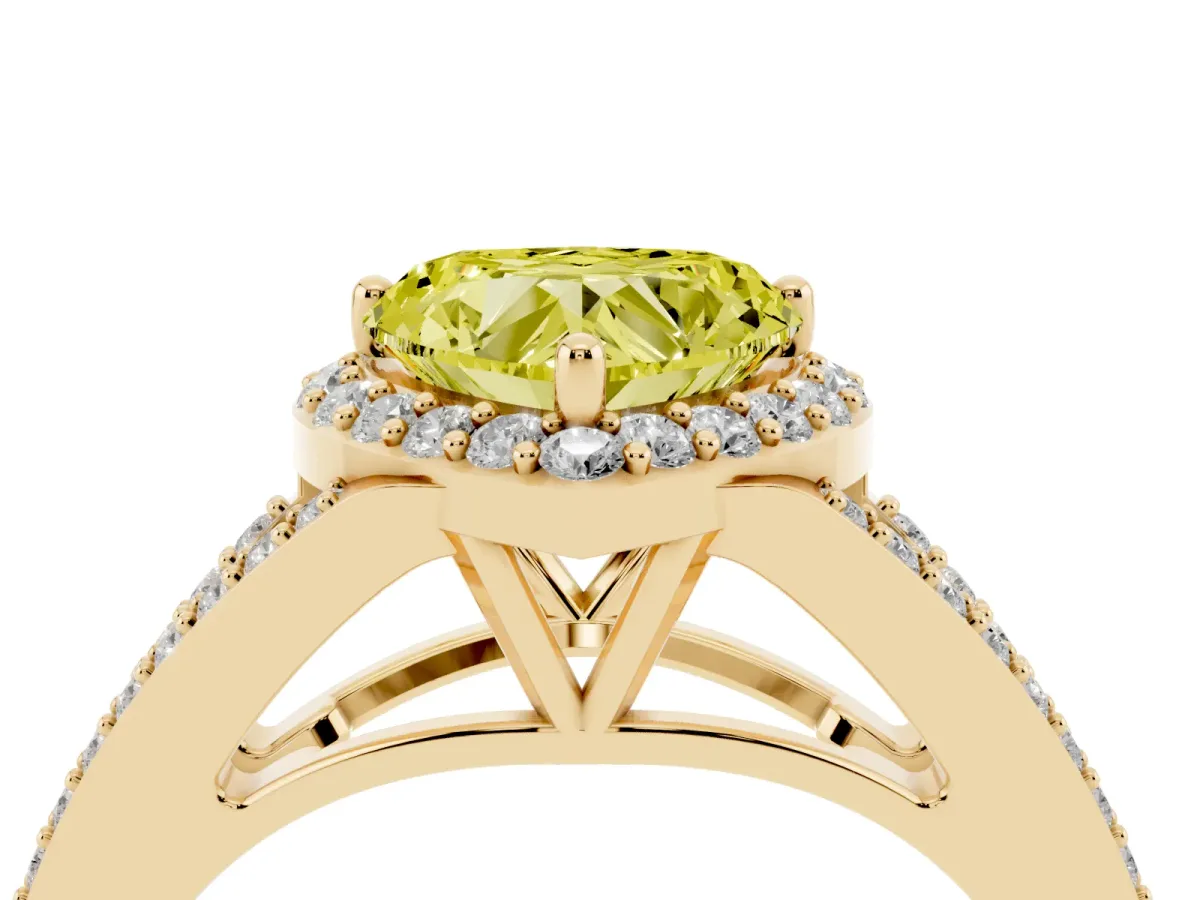Fancy Yellow Heart Cut Halo Split Shank Diamond Ring with Prong Setting Yellow gold