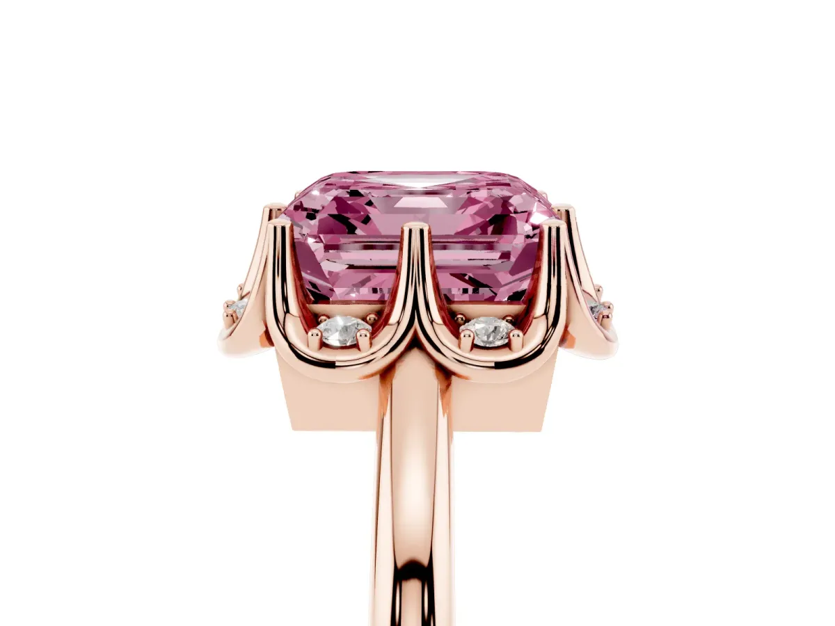 Fancy Pink Asscher Cut Halo Diamond Ring with Round Cluster Setting, Solitaire Band, and Four-Prong Setting Rose gold