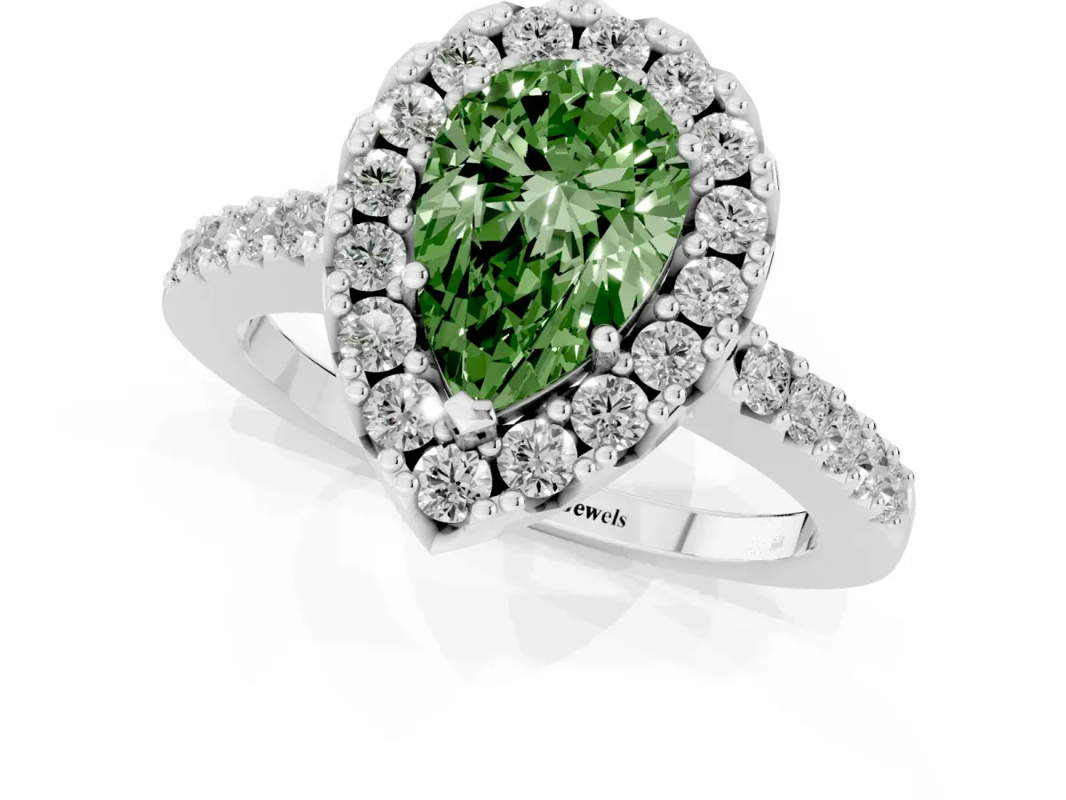 Fancy Green Pear Cut Halo Diamond Pavé Solitaire Ring White gold