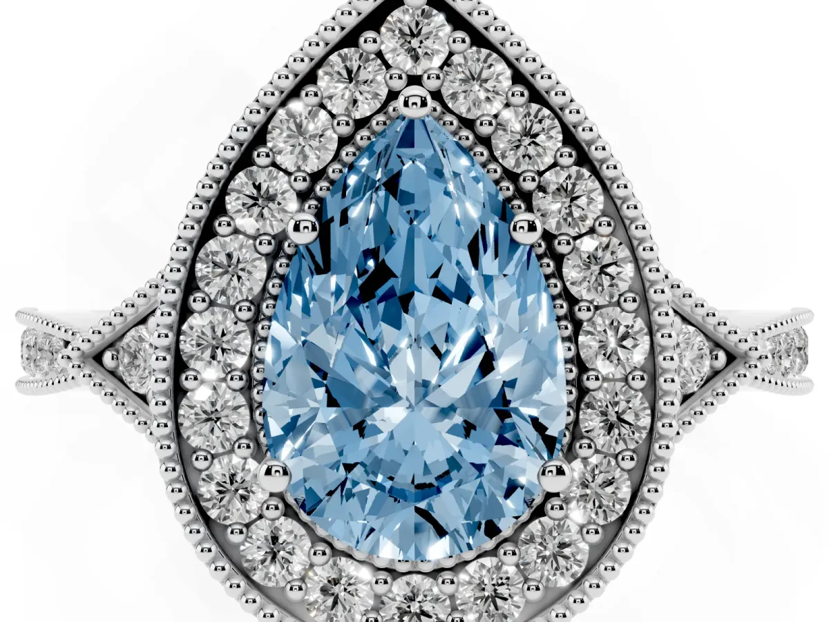 Fancy Blue Pear Cut Halo Round Diamond Milgrain Pave Engagement Ring Silver