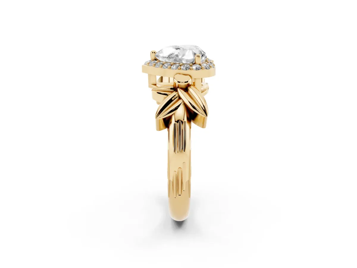 Heart Cut Halo Diamond Floral Band with Four-Prong Setting Yellow gold